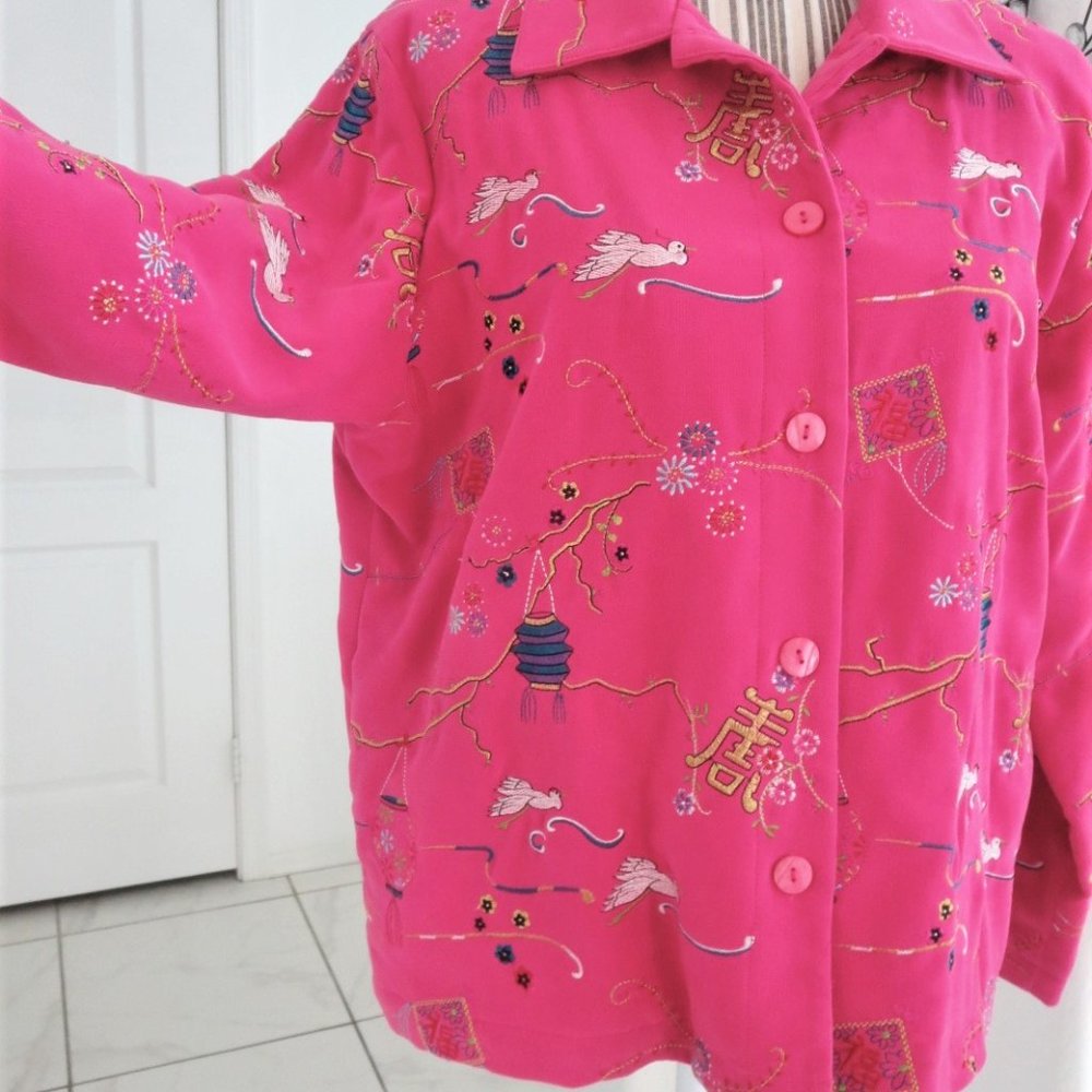 Graff Asian Embroidered Design Jacket Shacket Pockets Metallic PM Pink